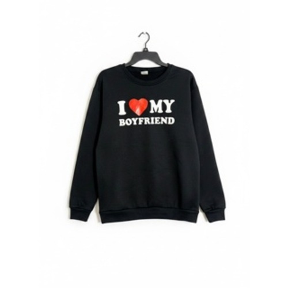 I Heart My Boyfriend Black Graphic Sweatshirt Women's Small Crewneck Pullover